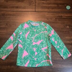Lilly Pulitzer Girls Rash Guard Pink Green Banana Leaf Print Swim Top Size 14